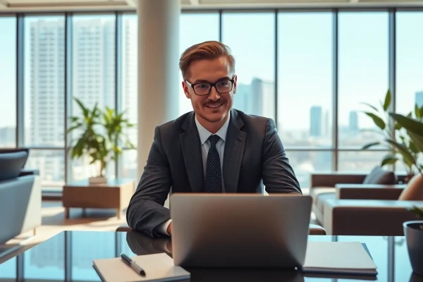 Headhunter Schweiz in einem modernen Büro, während er in einem Videoanruf mit einem Kunden spricht.