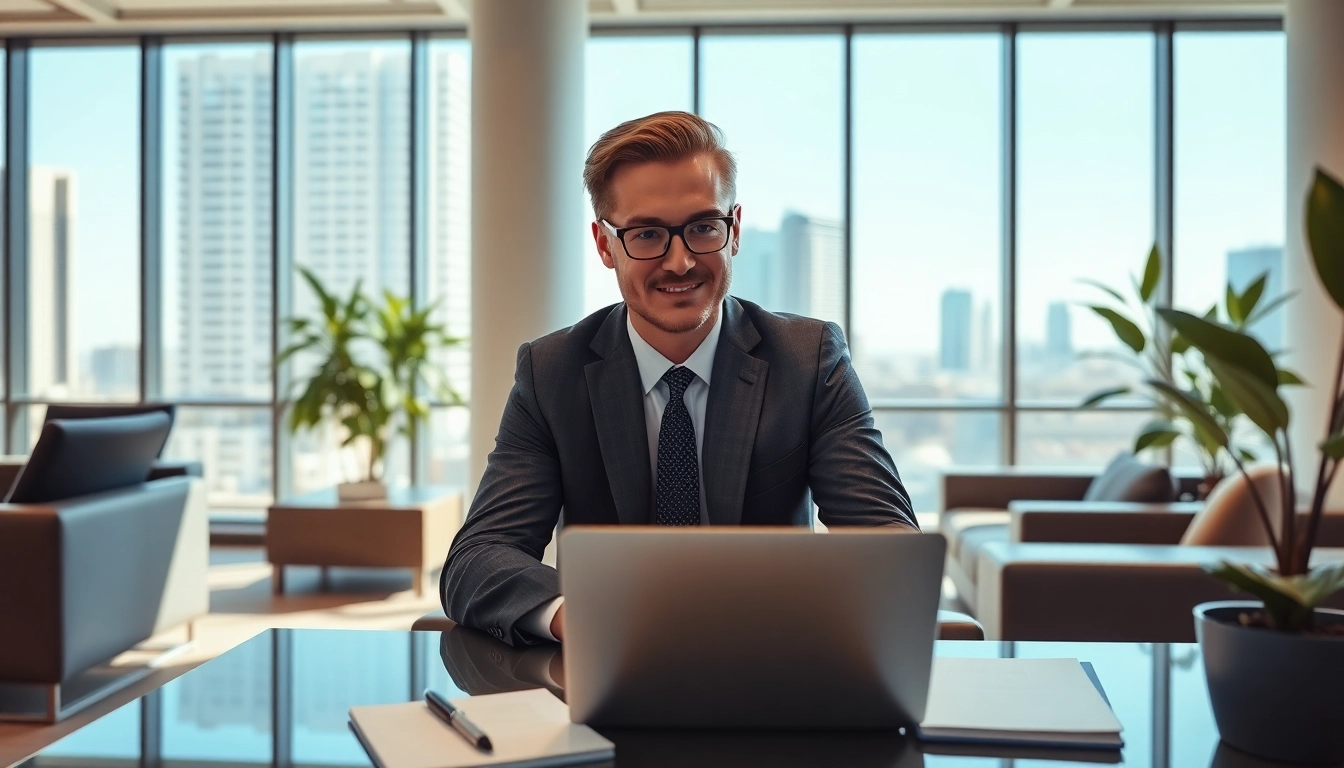 Headhunter Schweiz in einem modernen Büro, während er in einem Videoanruf mit einem Kunden spricht.