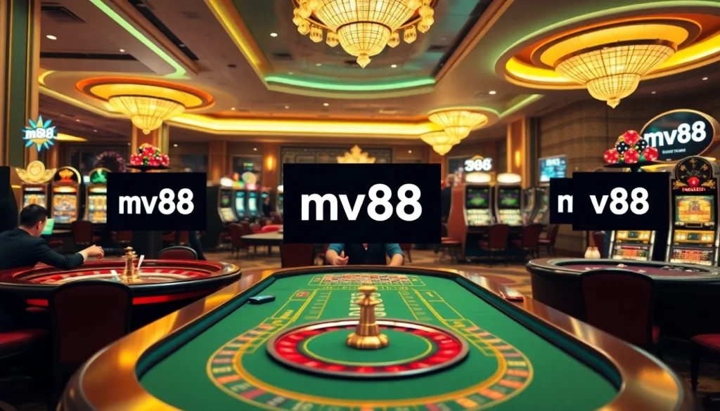 Engaging gamblers at a luxurious casino scene featuring the mv88 online interface, showcasing excitement.
