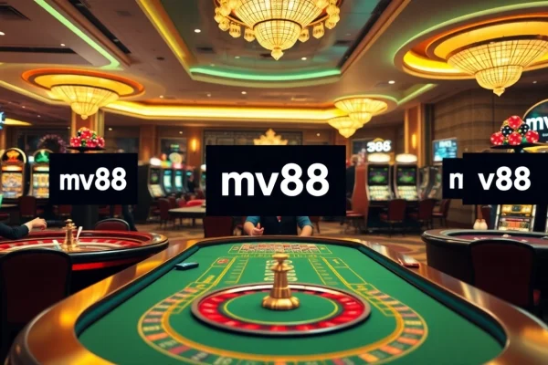 Engaging gamblers at a luxurious casino scene featuring the mv88 online interface, showcasing excitement.