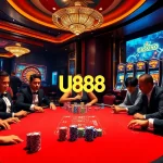 Intense poker action at U888 casino with vibrant colors and luxury elements.