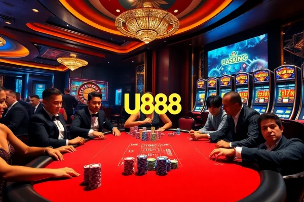 Intense poker action at U888 casino with vibrant colors and luxury elements.