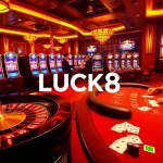 Join the thrilling LUCK8 casino experience with vibrant tables, poker chips, and engaged players.