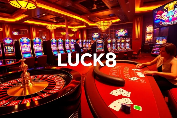 Join the thrilling LUCK8 casino experience with vibrant tables, poker chips, and engaged players.