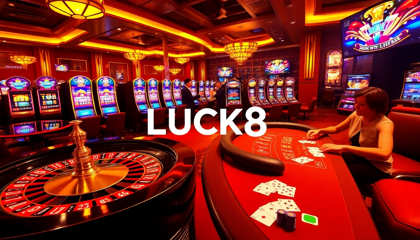 Join the thrilling LUCK8 casino experience with vibrant tables, poker chips, and engaged players.