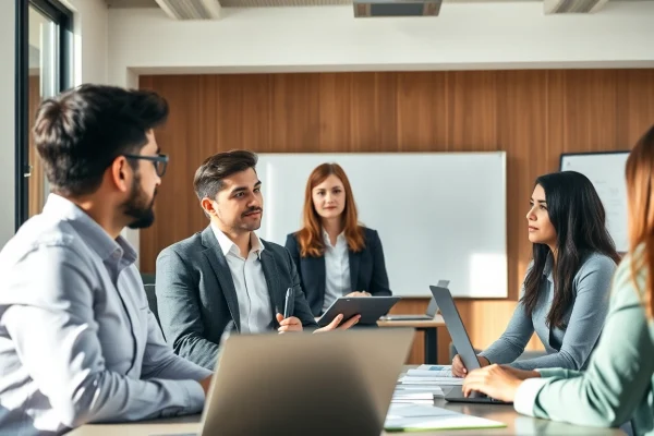 Professionelle Personalvermittlung mit Kandidaten in einem modernen Büroumfeld.