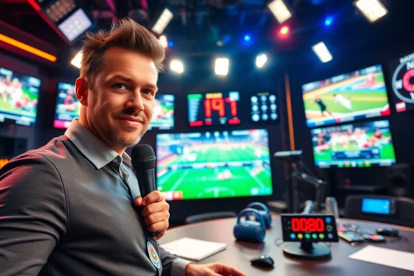 Delivering engaging insights on Sports Broadcasting with vibrant visuals of a live studio setup.