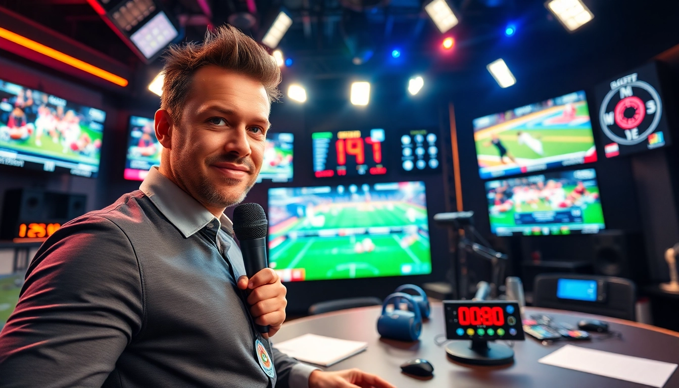 Delivering engaging insights on Sports Broadcasting with vibrant visuals of a live studio setup.