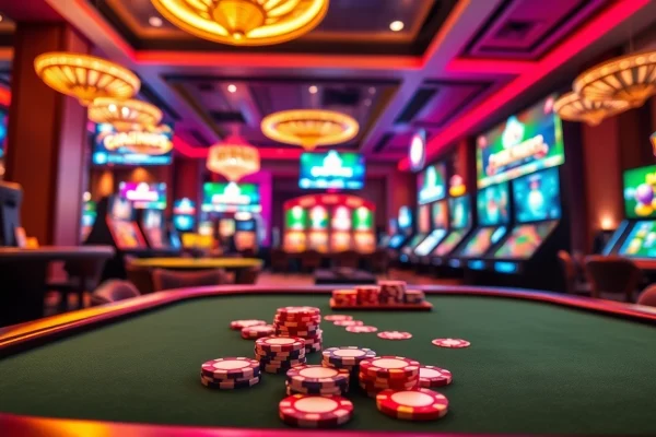 Online kaszinó játékosok szórakoznak egy színes játékasztalnál.