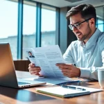 Headhunter IT untersucht Lebensläufe in einem modernen Büro.