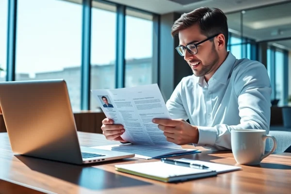 Headhunter IT untersucht Lebensläufe in einem modernen Büro.