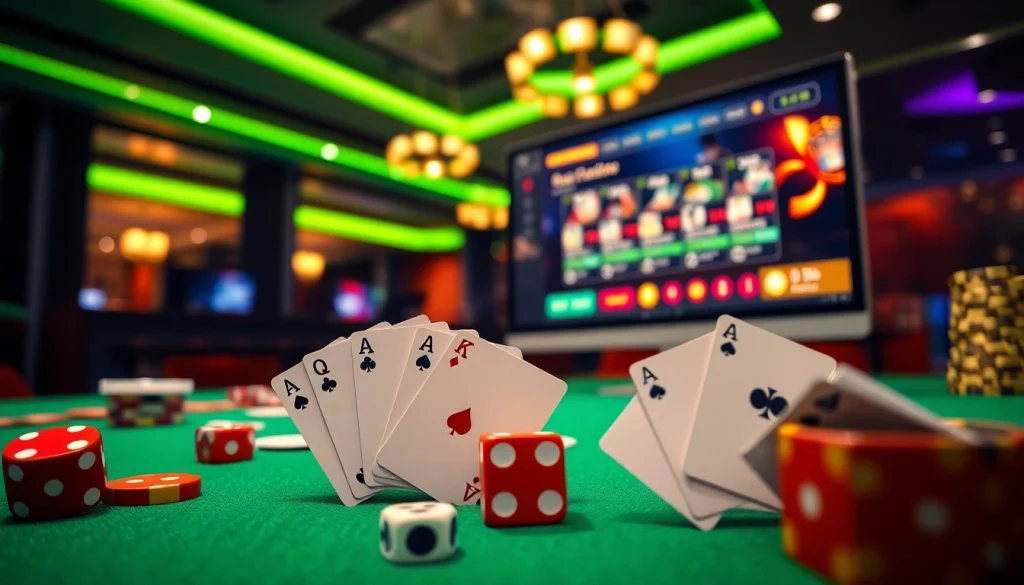 Az online kaszinó játék izgalma, kártyák és kockák a képen, modern dizájnnal.