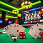 Az online kaszinó játék izgalma, kártyák és kockák a képen, modern dizájnnal.