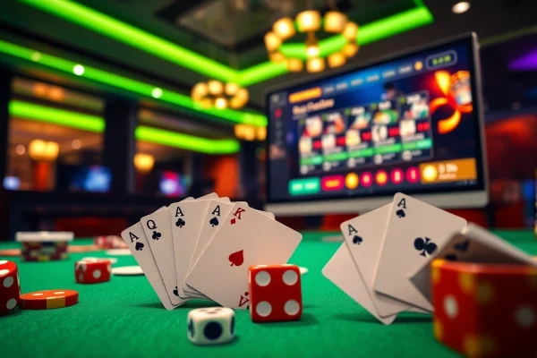 Az online kaszinó játék izgalma, kártyák és kockák a képen, modern dizájnnal.