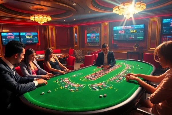 Players engaging in thrilling blackjack gameplay at an upscale casino promoting https://789cluber.com/.