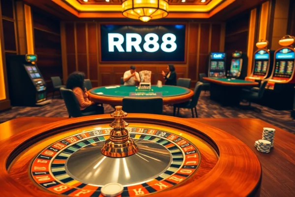 Experience the thrill of RR88 with vibrant casino visuals showcasing roulette, poker, and slot games.