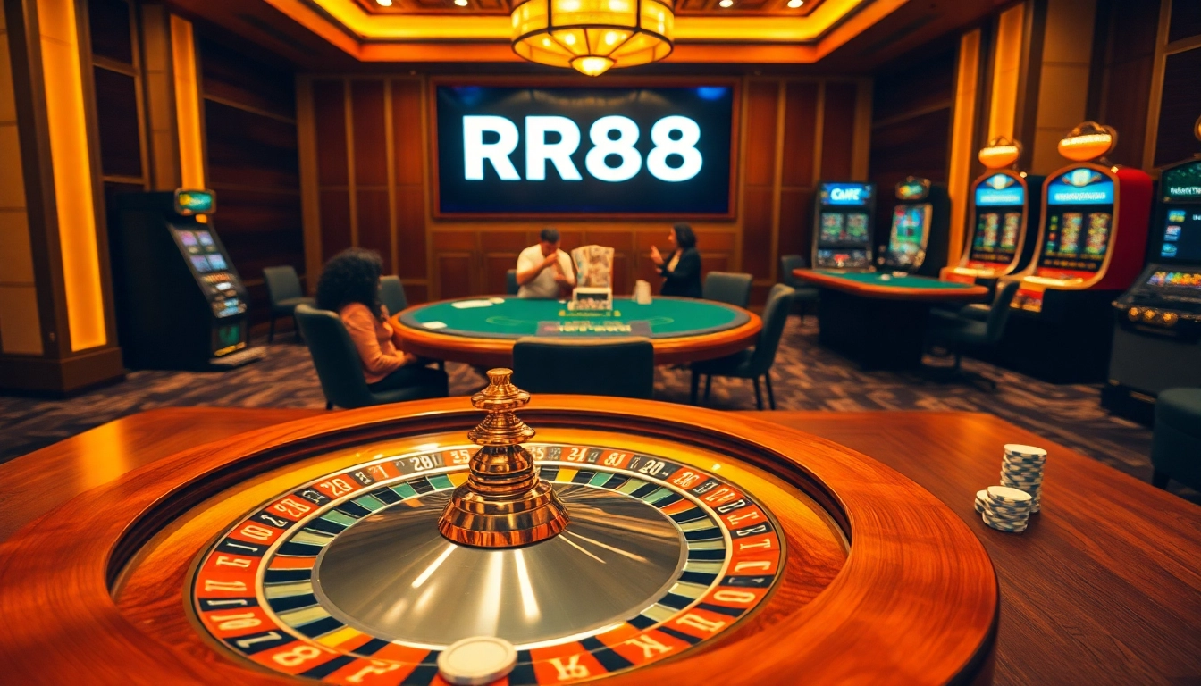 Experience the thrill of RR88 with vibrant casino visuals showcasing roulette, poker, and slot games.