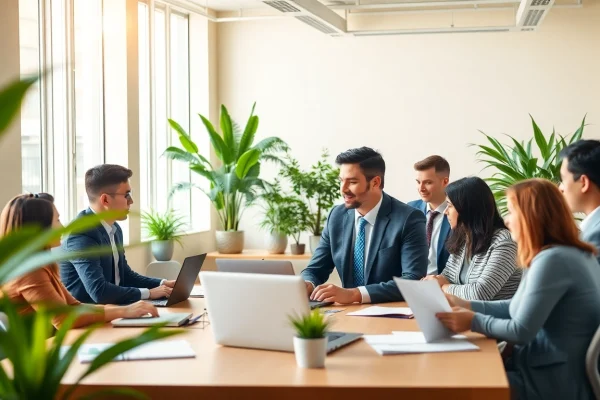 Headhunter Schweiz in einem dynamischen Büroumfeld, wo Fachleute zusammenarbeiten.