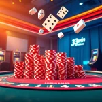 Gambling excitement at 33win with vibrant poker chips, slot machines, and betting interface in a luxurious casino setting.