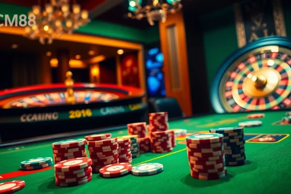 CM88 players engaging in high-stakes poker at a luxurious casino table with vibrant chips and cards.