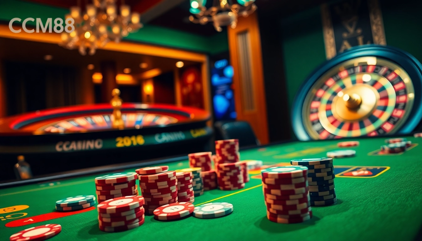 CM88 players engaging in high-stakes poker at a luxurious casino table with vibrant chips and cards.